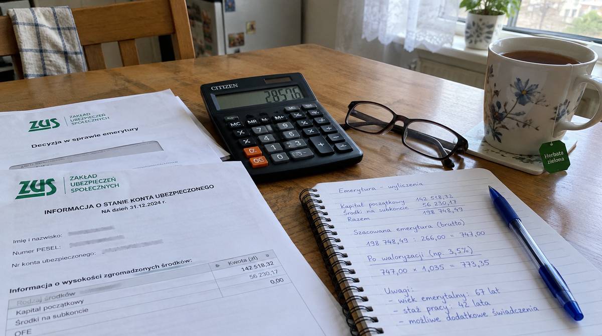 Na kuchennym stole dokumenty emerytalne z ZUS, kalkulator, okulary i notes z wyliczeniami