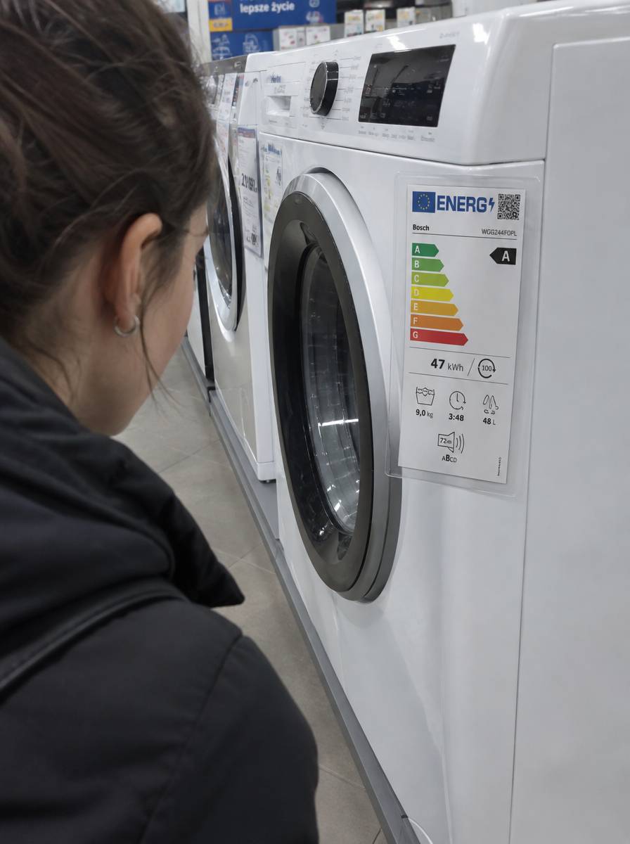 Osoba w sklepie z AGD ogląda etykietę energetyczną na drzwiach pralki, w tle rząd pralek