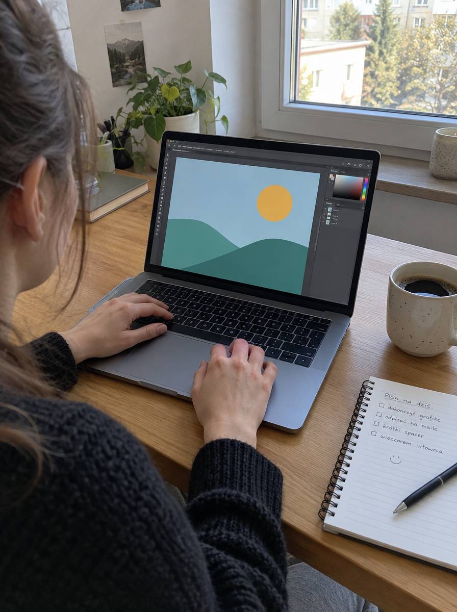 Osoba pracuje na laptopie przy domowym biurku nad prostą grafiką, obok notes i kubek z kawą
