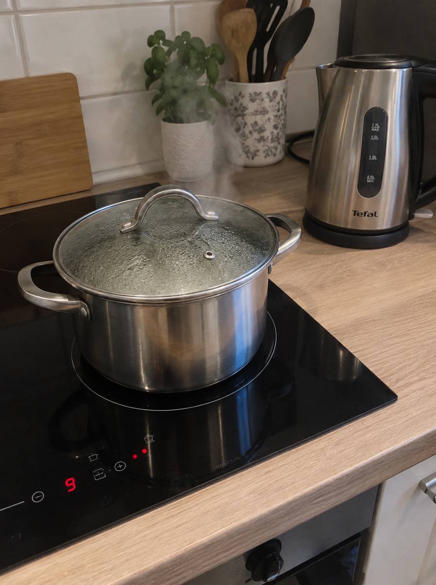 Garnek z pokrywką na płycie indukcyjnej, spod pokrywki unosi się para, obok czajnik elektryczny