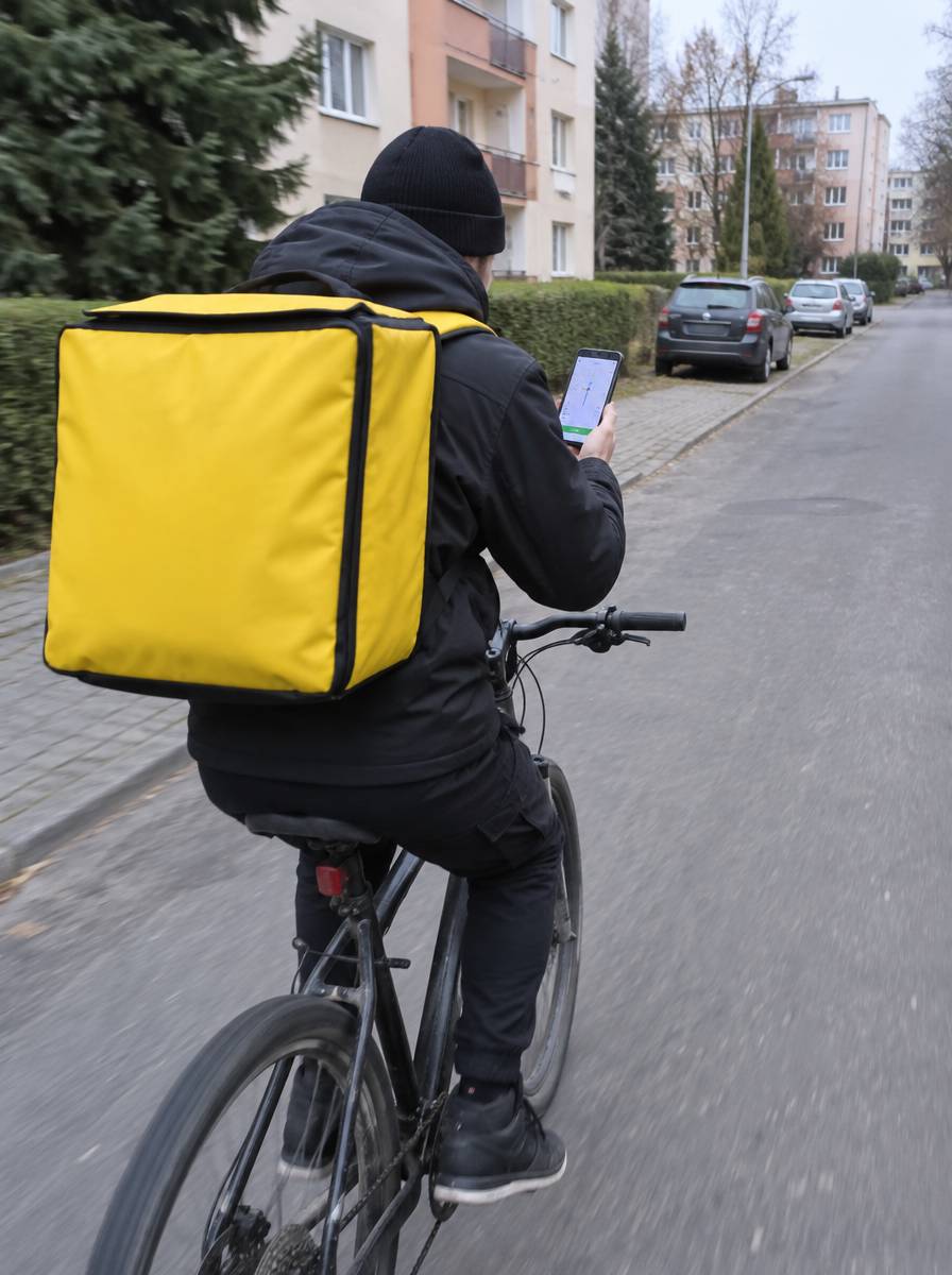 Kurier na rowerze z plecakiem dostawczym i telefonem z aplikacją do dostaw na osiedlowej ulicy