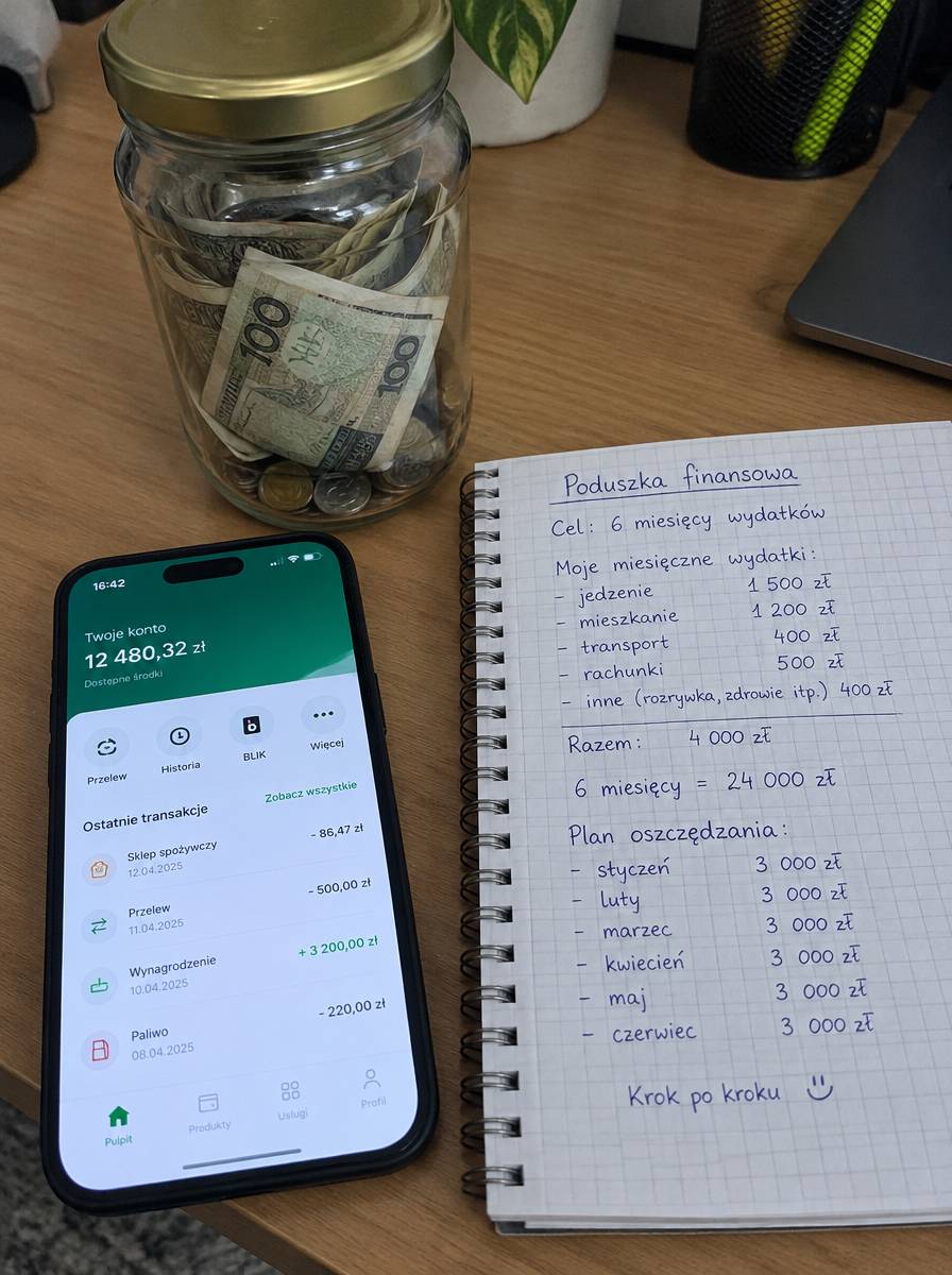 Słoik z gotówką, smartfon z aplikacją bankową i zeszyt z planem poduszki finansowej na biurku