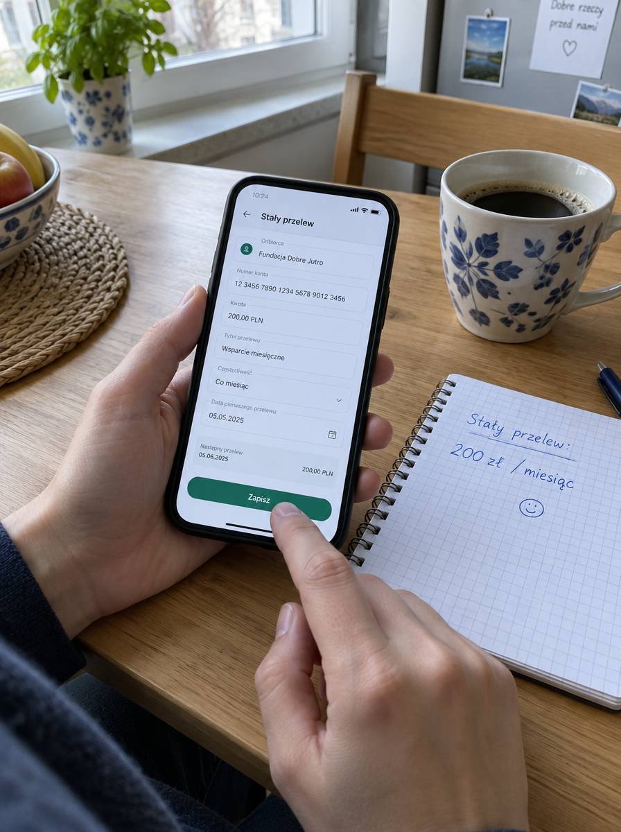 Osoba przy kuchennym stole ustawia na smartfonie stały przelew, obok notes z kwotą i kubek kawy