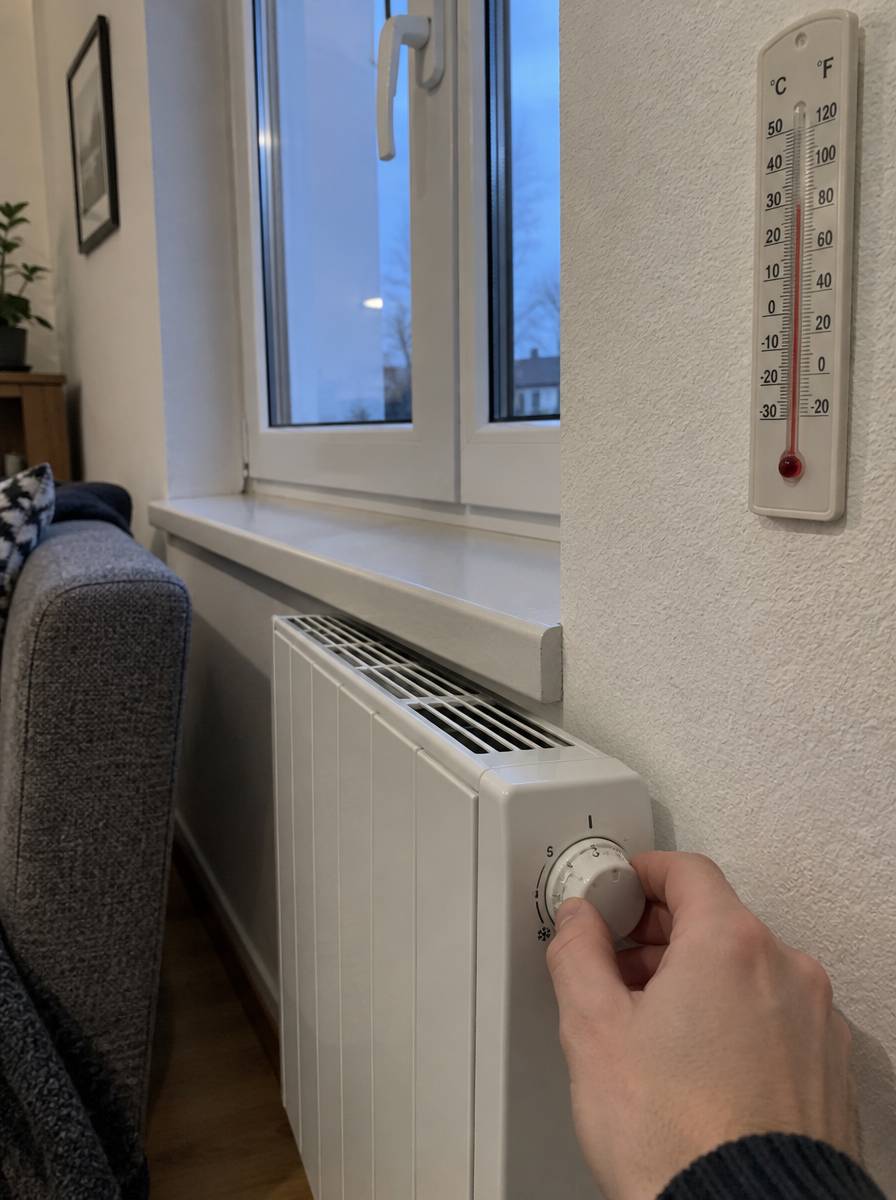 Dłoń ustawiająca pokrętło termostatu elektrycznego grzejnika, obok termometr pokojowy na ścianie
