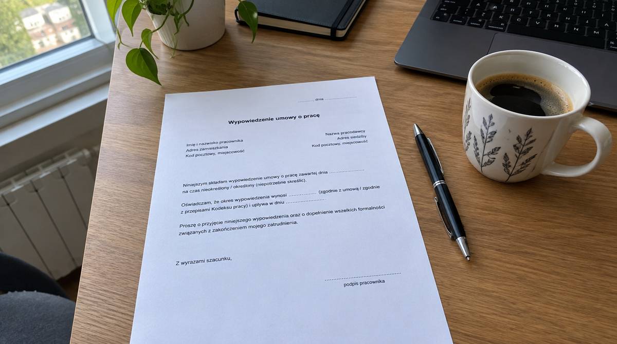 Wydrukowane wypowiedzenie umowy o pracę leżące na biurku obok długopisu