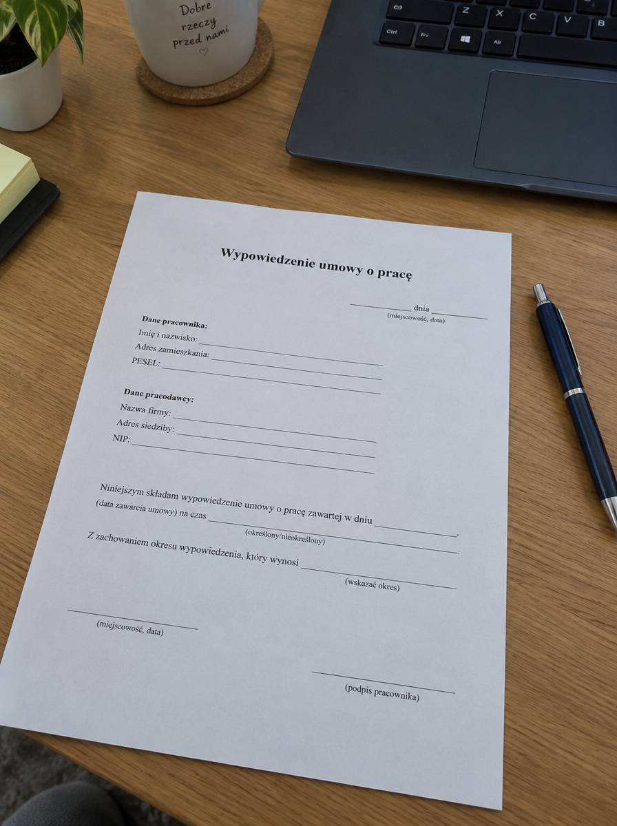 Pismo wypowiedzenia umowy o pracę z miejscami na datę, dane stron i podpis, obok długopisu