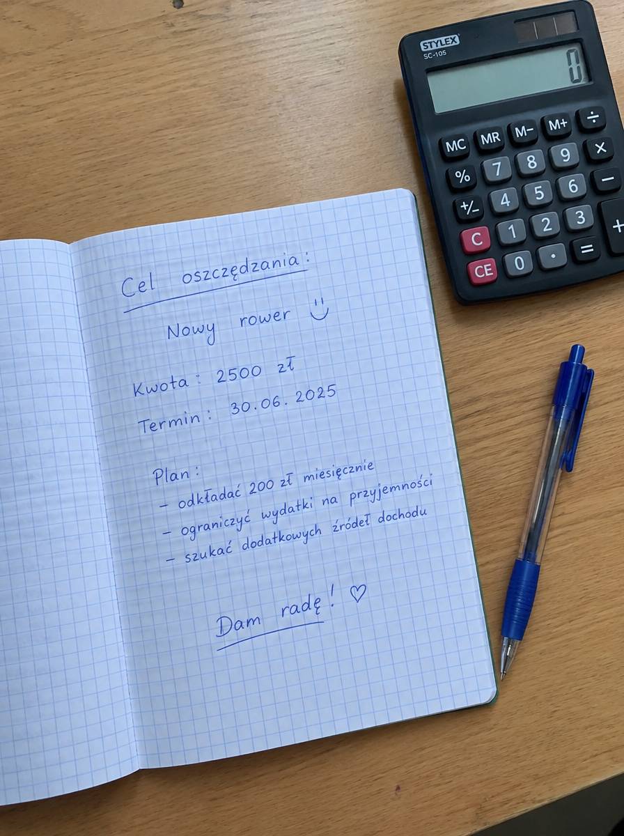 Zeszyt w kratkę z odręcznie zapisanym celem oszczędzania, kwotą i terminem, obok kalkulator i długopis
